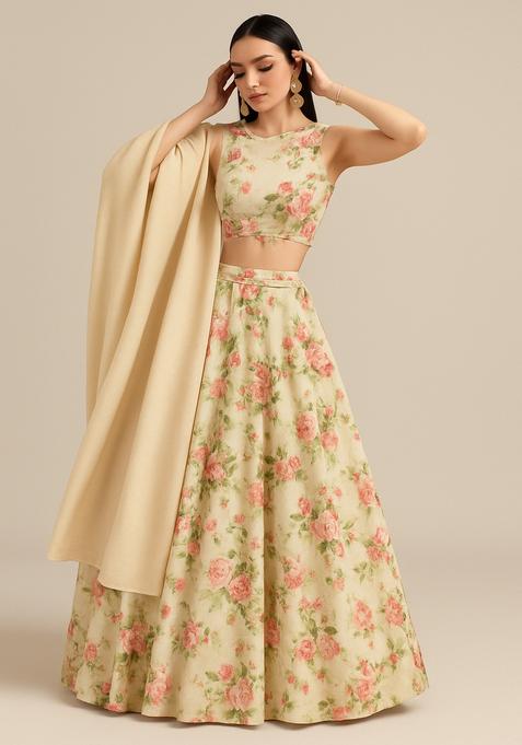 Cream  Printed Tussar Lehenga Set