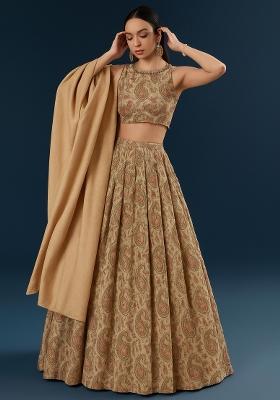 Beige Printed Tussar Lehenga Set