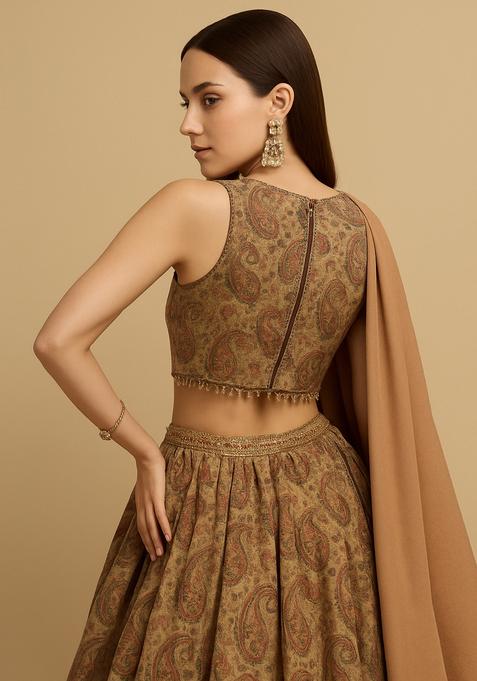 Beige Printed Tussar Lehenga Set