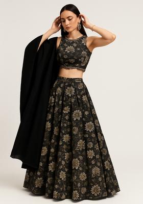 Green Printed Tussar Lehenga Set