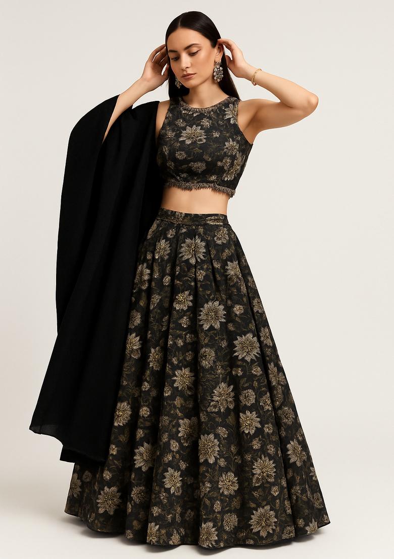 Green Printed Tussar Lehenga Set