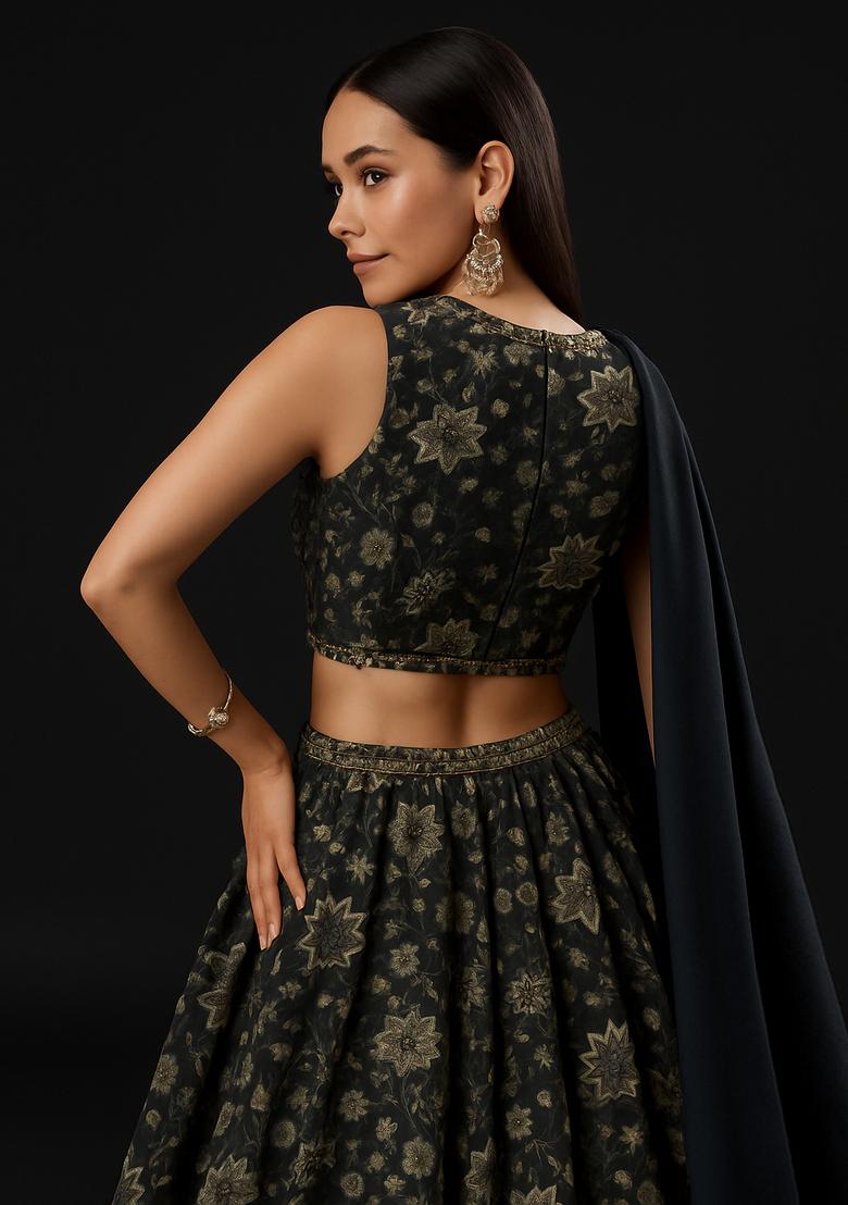 Green Printed Tussar Lehenga Set