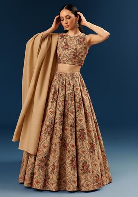 Beige Printed Tussar Lehenga Set