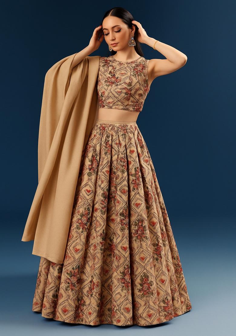 Beige Printed Tussar Lehenga Set