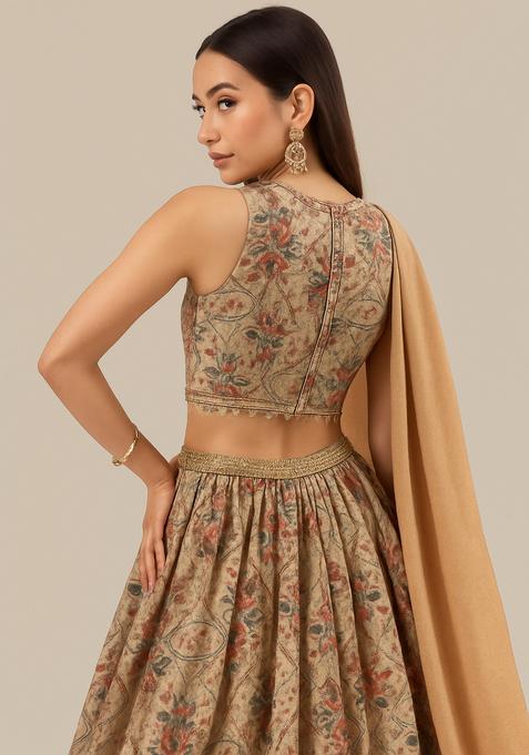 Beige Printed Tussar Lehenga Set