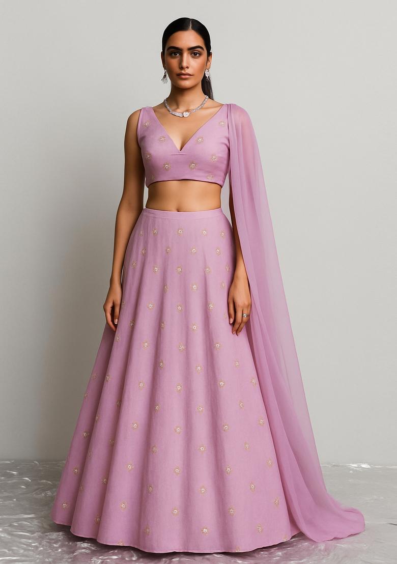 Pink Embroidered Georgette Lehenga Set