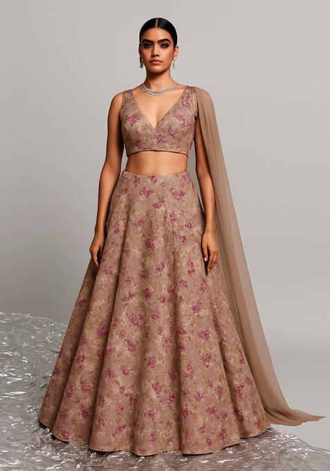 Light Brown Sequin Embriodered Net Lehenga Set