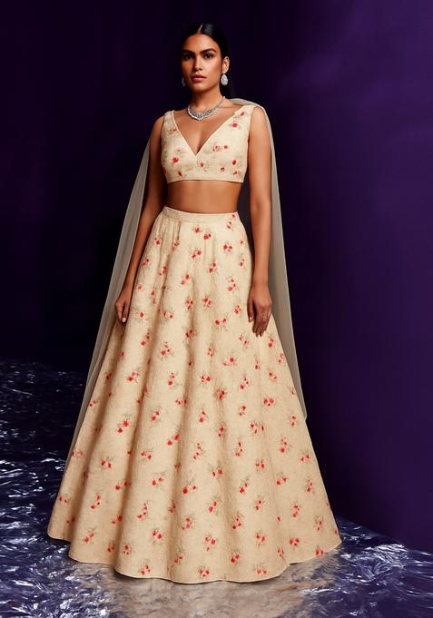 Beige Embroidered Tissue Lehenga Set