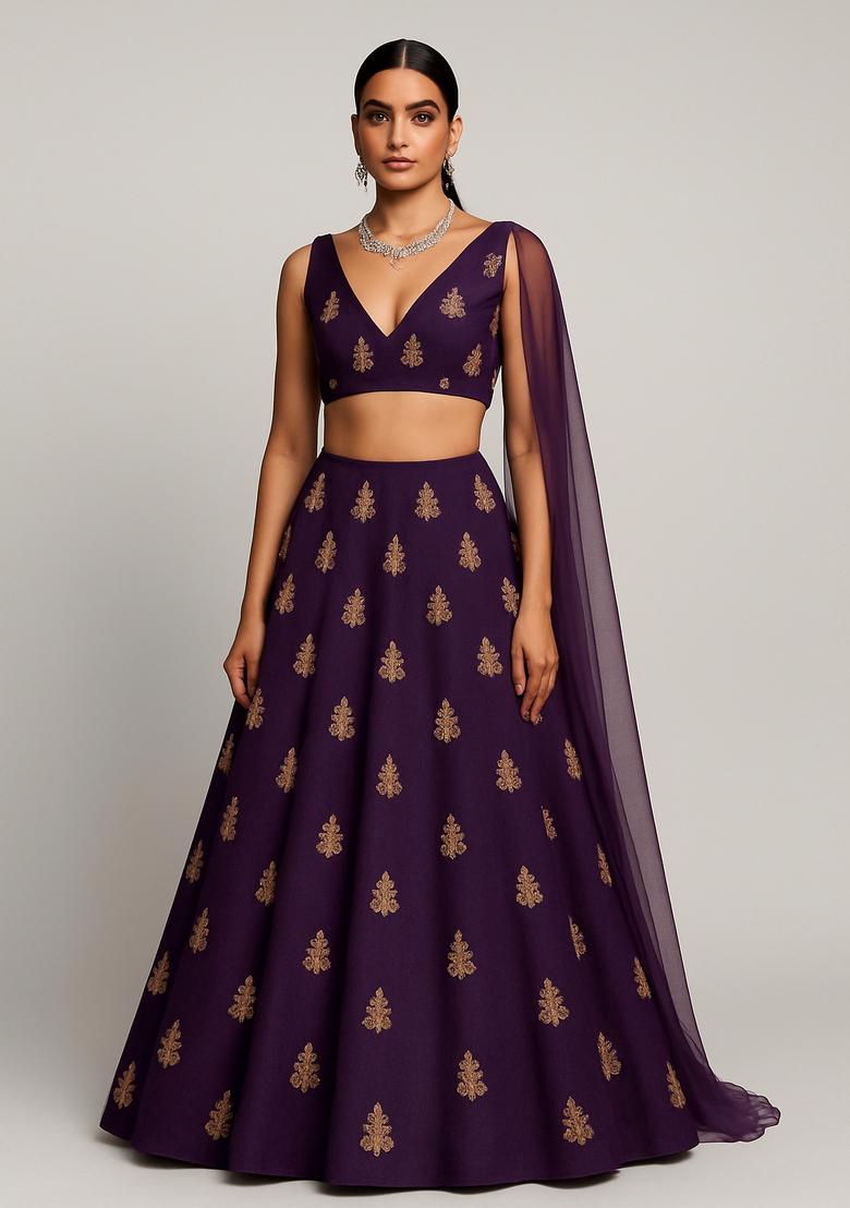 Violet Sequin Embroidered Raw Silk Lehenga Set