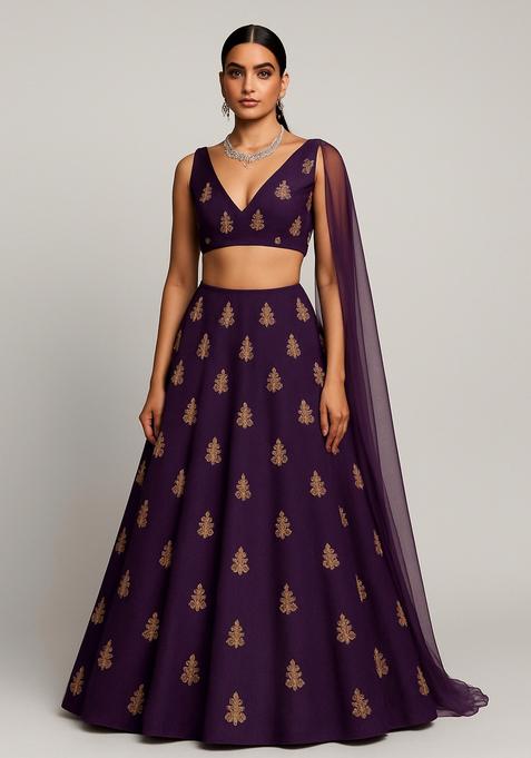 Violet Sequin Embroidered Raw Silk Lehenga Set