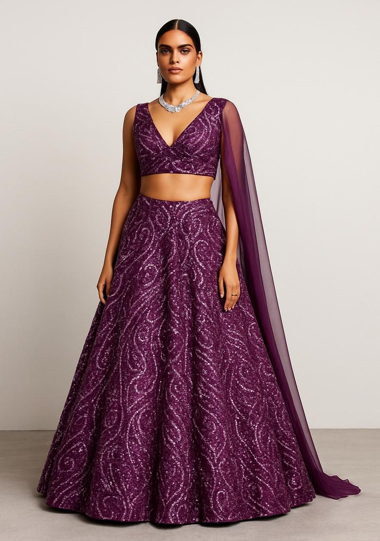 Purple Sequin Embroidered Soft Net Lehenga Set
