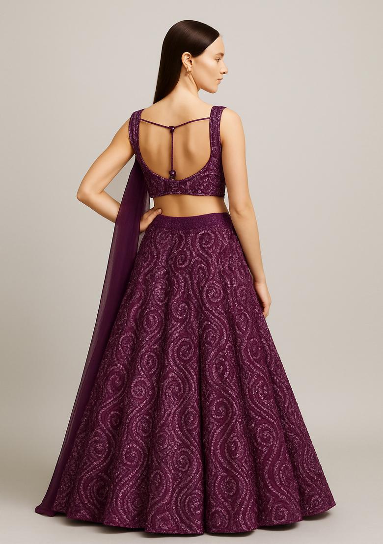 Purple Sequin Embroidered Soft Net Lehenga Set