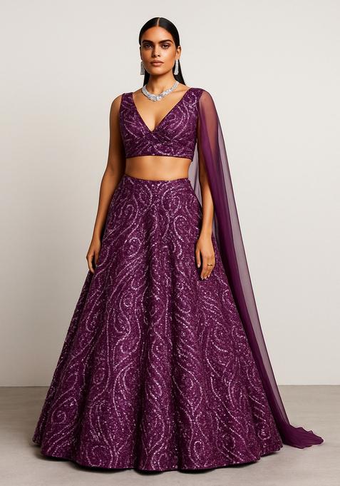 Purple Sequin Embroidered Soft Net Lehenga Set