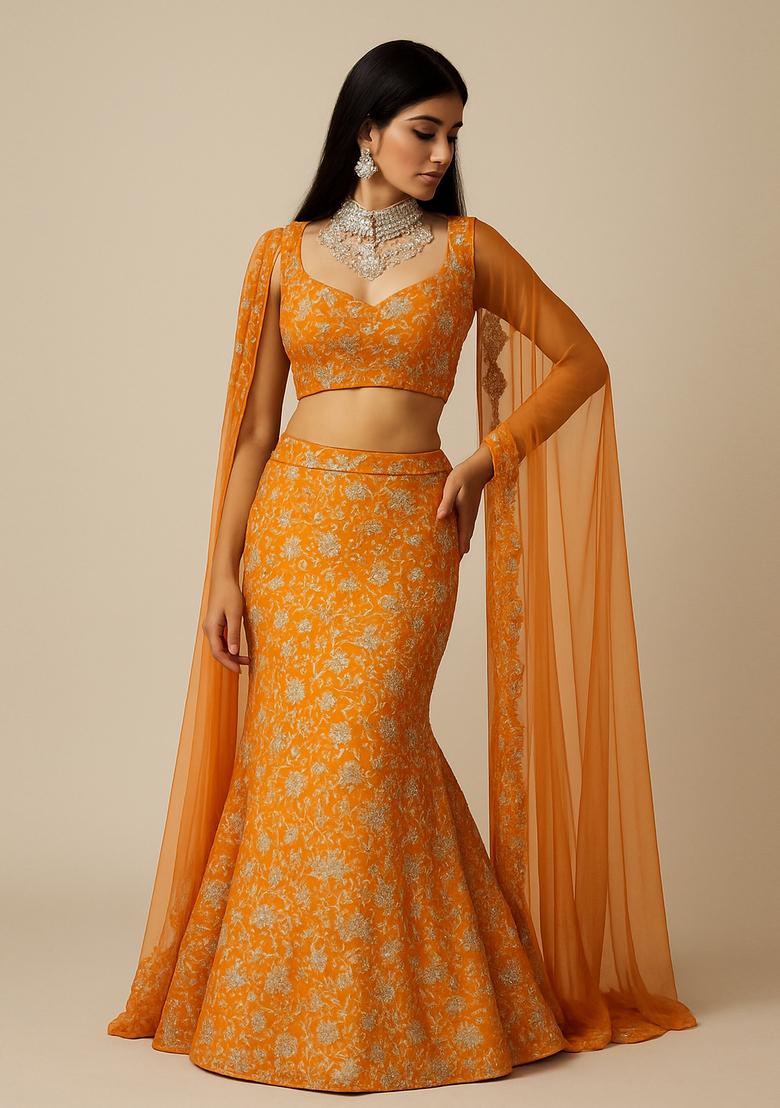 Orange Sequin Embroidered Chinon Lehenga Set