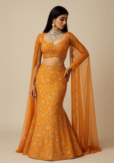 Orange Sequin Embroidered Chinon Lehenga Set