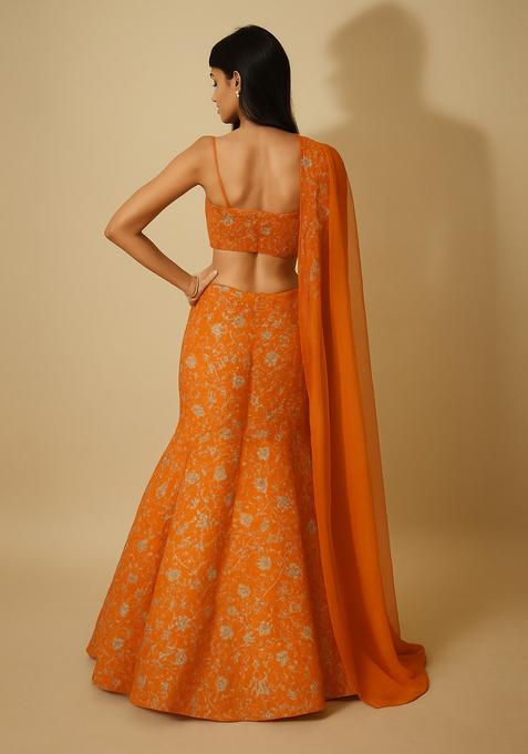 Orange Sequin Embroidered Chinon Lehenga Set