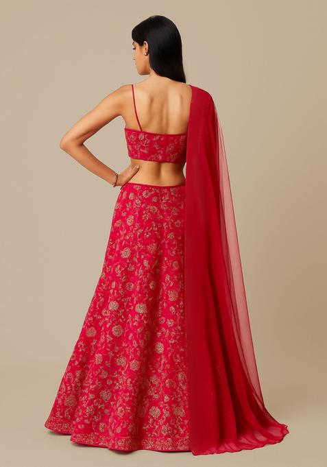 Hot Pink Sequin Embroidered Chinon Lehenga Set
