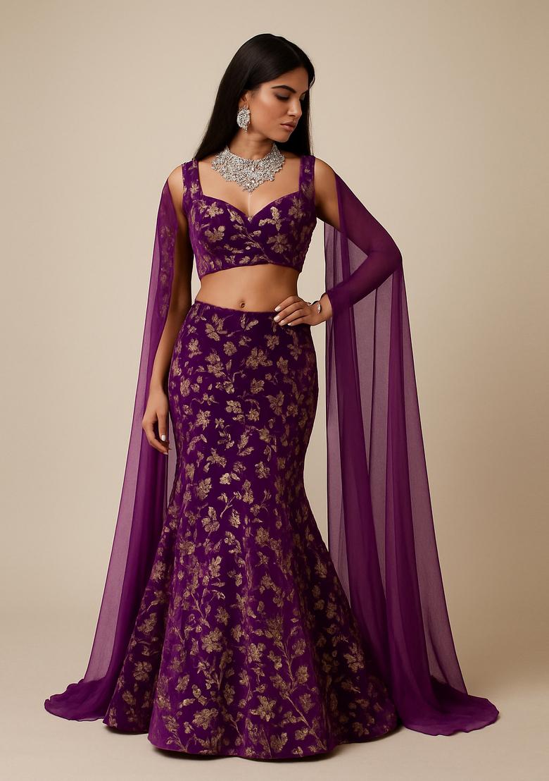 Purple Sequin Embroidered Chinon Lehenga Set