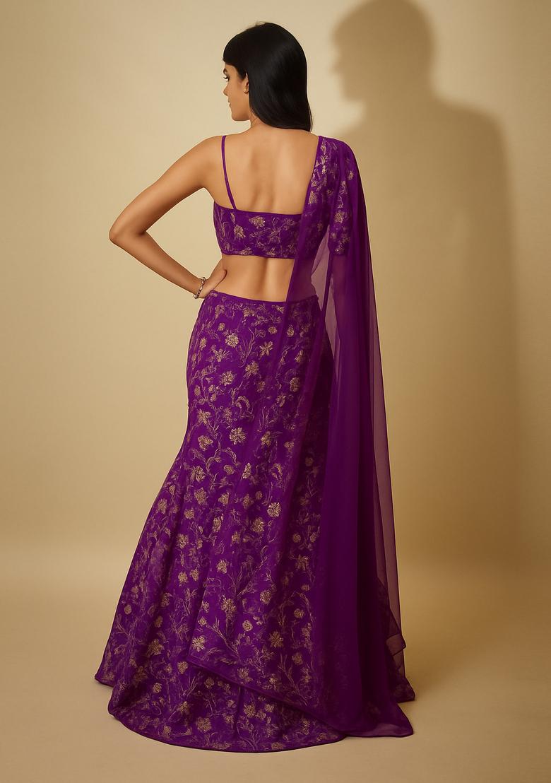 Purple Sequin Embroidered Chinon Lehenga Set
