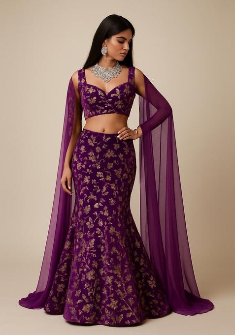 Purple Sequin Embroidered Chinon Lehenga Set