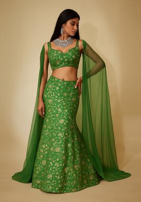 Green Sequin Embroidered Chinon Lehenga Set