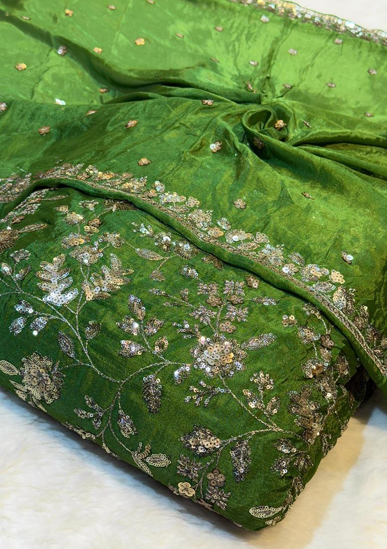 Green Sequin Embroidered Chinon Lehenga Set
