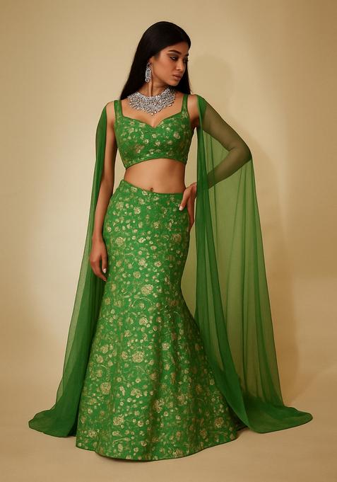 Green Sequin Embroidered Chinon Lehenga Set