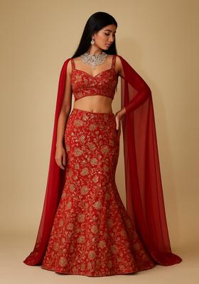 Red Sequin Embroidered Chinon Lehenga Set
