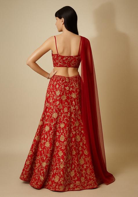 Red Sequin Embroidered Chinon Lehenga Set