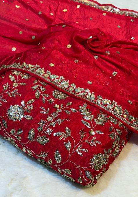Red Sequin Embroidered Chinon Lehenga Set