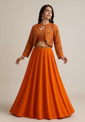 Orange Embroidered Georgette Lehenga Set