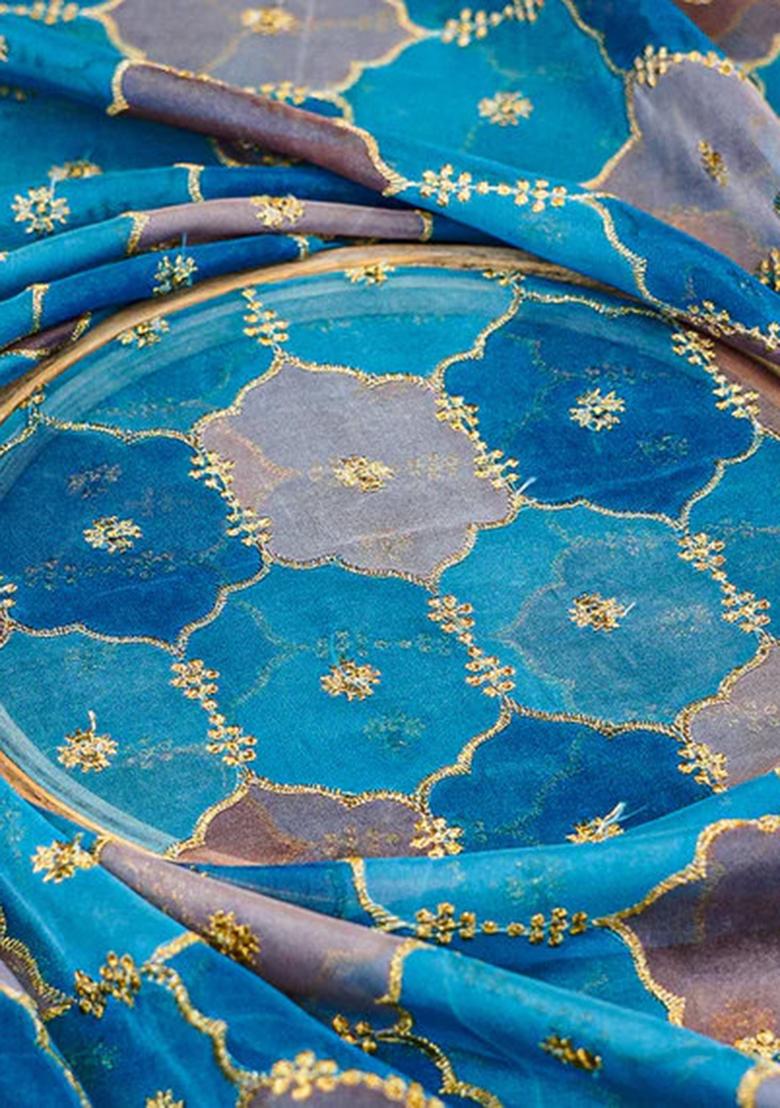 Blue Embroidered Georgette Lehenga Set