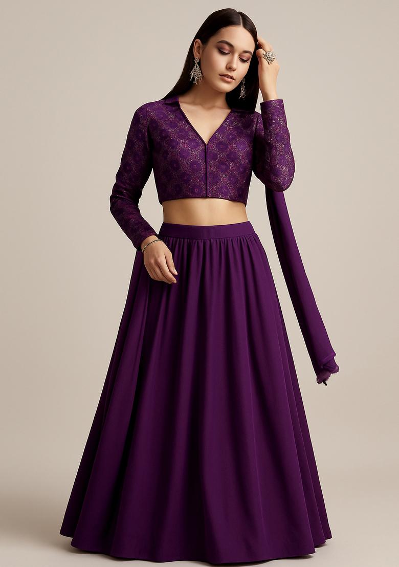Wine Embroidered Georgette Lehenga Set