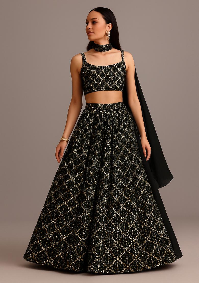 Black Sequin Embellished Georgette Lehenga Set