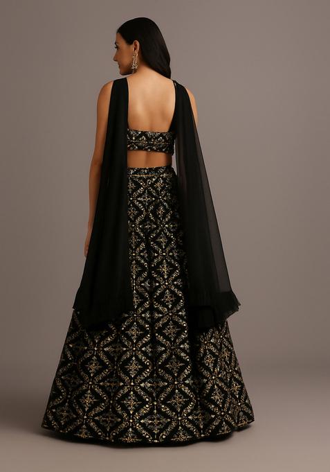 Black Sequin Embellished Georgette Lehenga Set