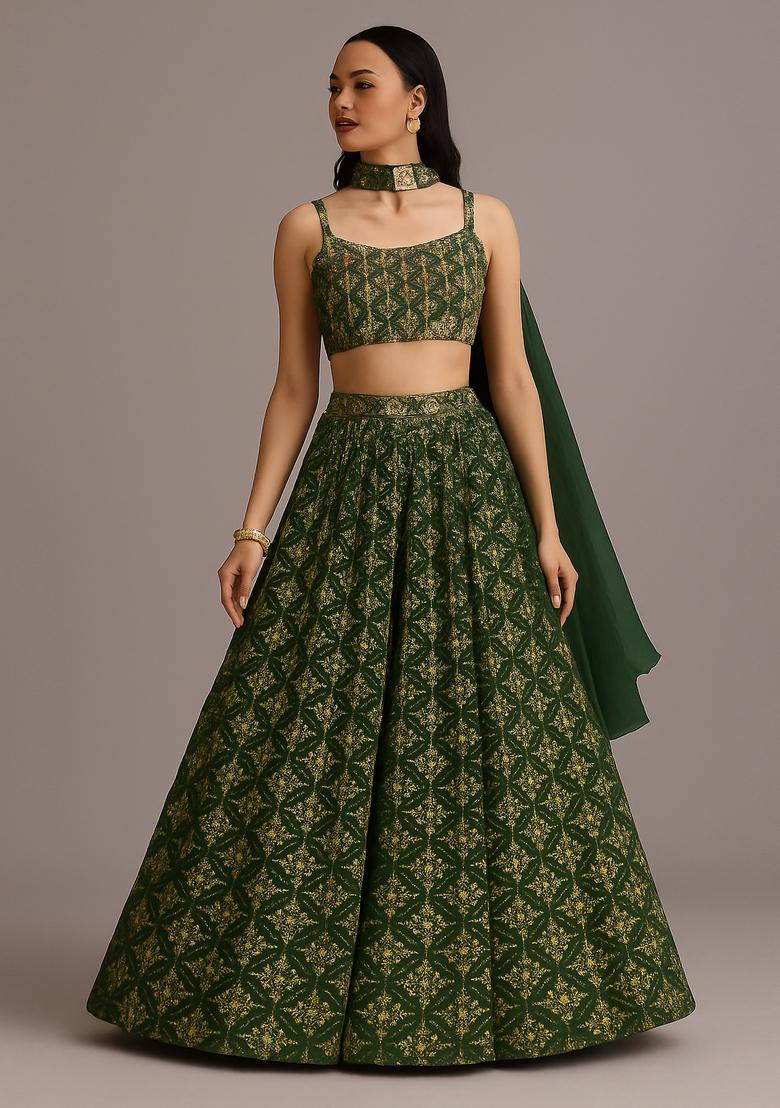 Green Sequin Embellished Georgette Lehenga Set