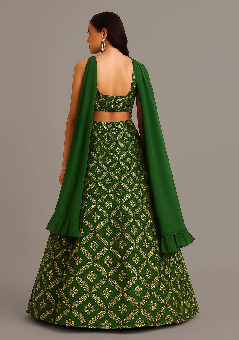 Green Sequin Embellished Georgette Lehenga Set