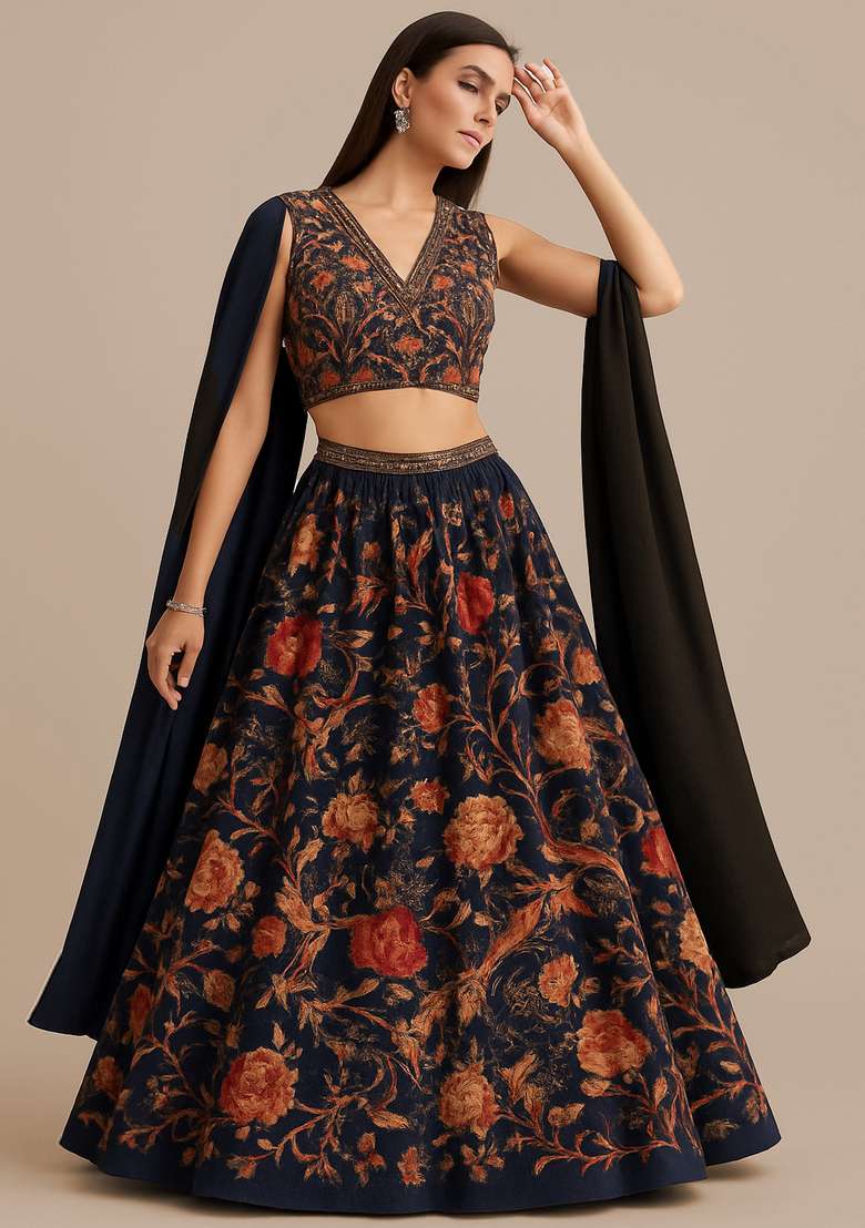 Black Silk Blend Lehenga Set with Printed for Diwali | Wedding & Festive Wear - Indya