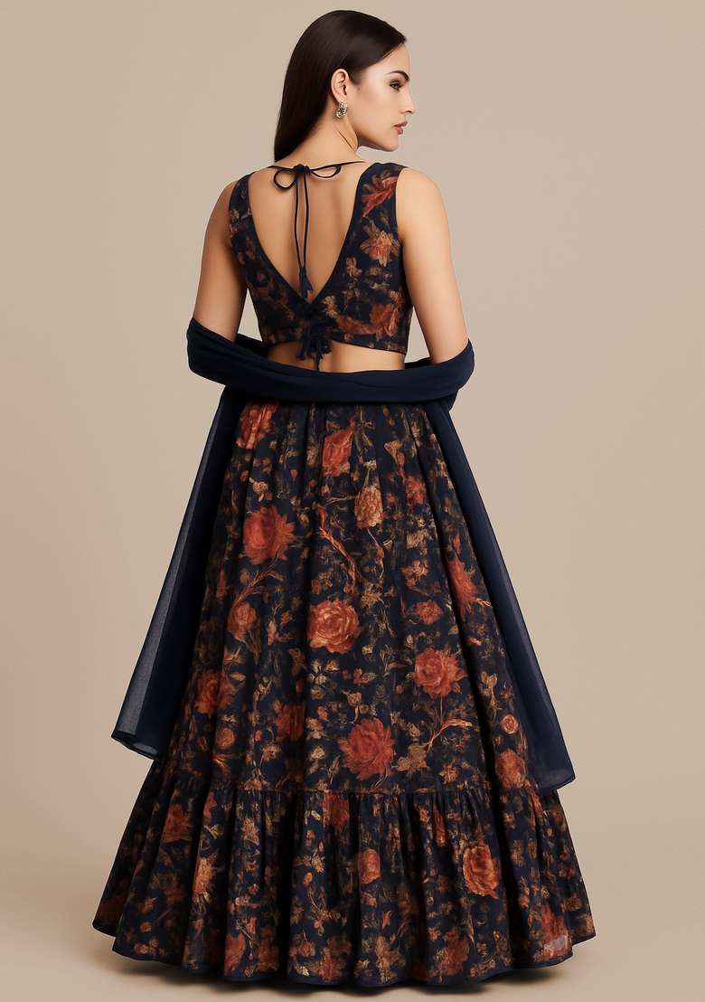 Black Silk Blend Lehenga Set with Printed for Diwali | Wedding & Festive Wear - Indya