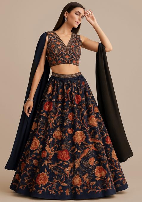 Black Printed Silk Lehenga Set