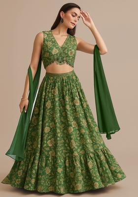 Green Printed Polyster Lehenga Set