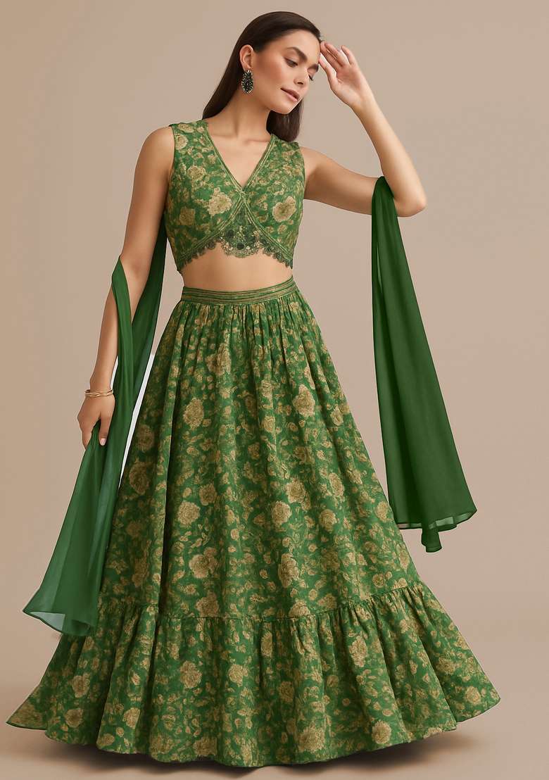 Green Polyster Lehenga Set with Printed for Diwali | Wedding & Festive Wear - Indya