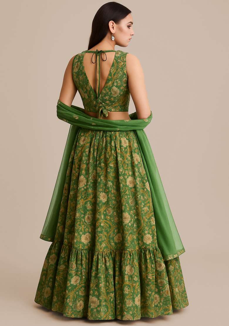 Green Polyster Lehenga Set with Printed for Diwali | Wedding & Festive Wear - Indya
