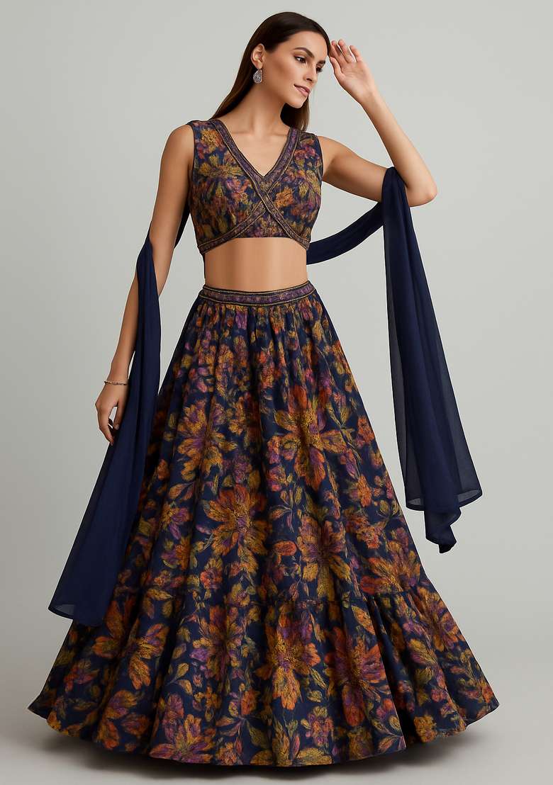 Blue Printed Silk Blend Lehenga Set - Indya
