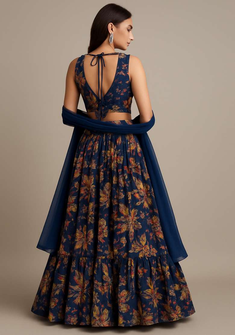 Blue Printed Silk Blend Lehenga Set - Indya