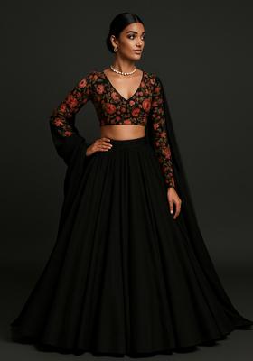 Navy Blue Sequin Embroidered Blouse Georgette Lehenga Set