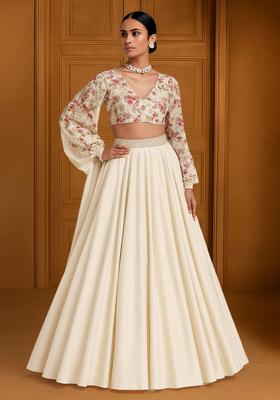 Cream Sequin Embroidered Blouse Georgette Lehenga Set