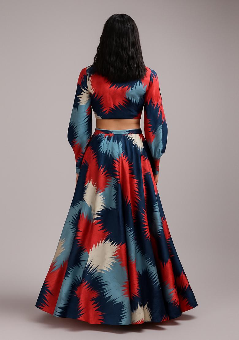 Blue Printed Crepe Lehenga Set