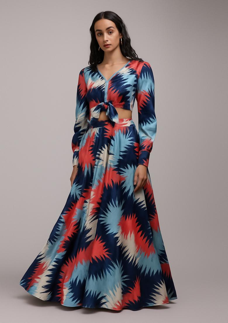 Blue Printed Crepe Lehenga Set