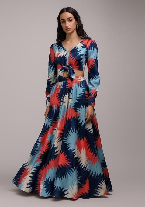 Blue Printed Crepe Lehenga Set